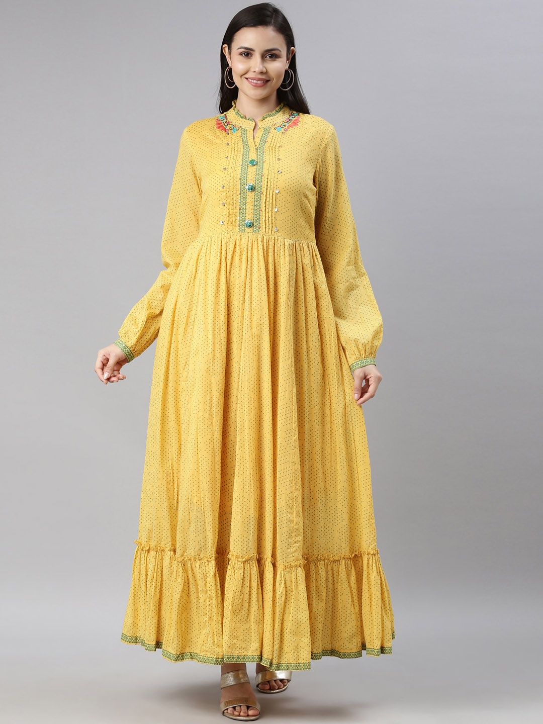 

Neerus Women Mustard Yellow Geometric Printed Thread Work Cotton Anarkali Kurta
