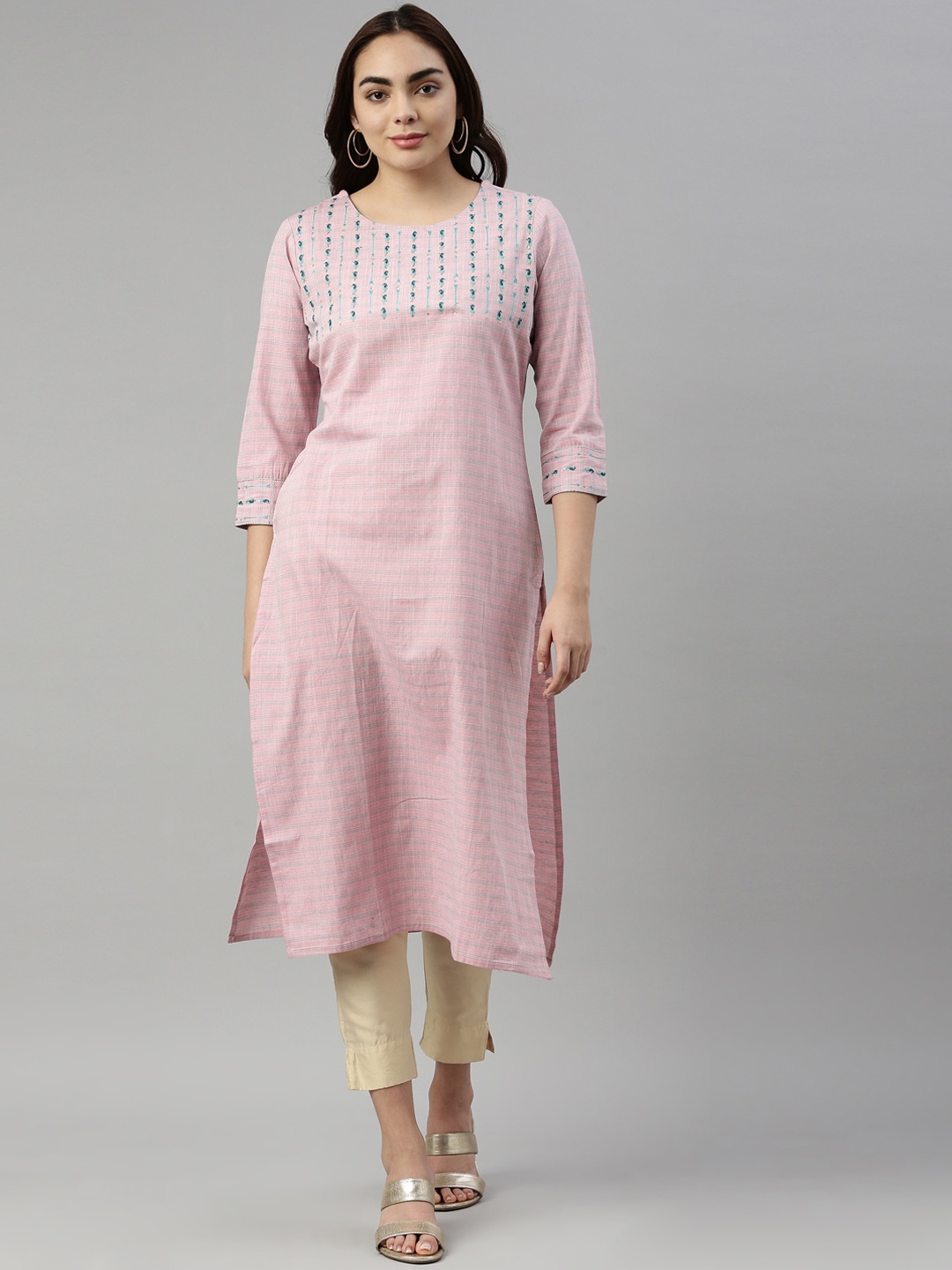 

Neerus Women Pink Floral Embroidered Pure Cotton Kurta