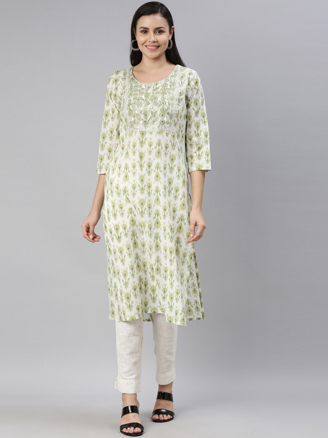 

Neerus Women Green & White Ethnic Motifs Printed Cotton Kurta