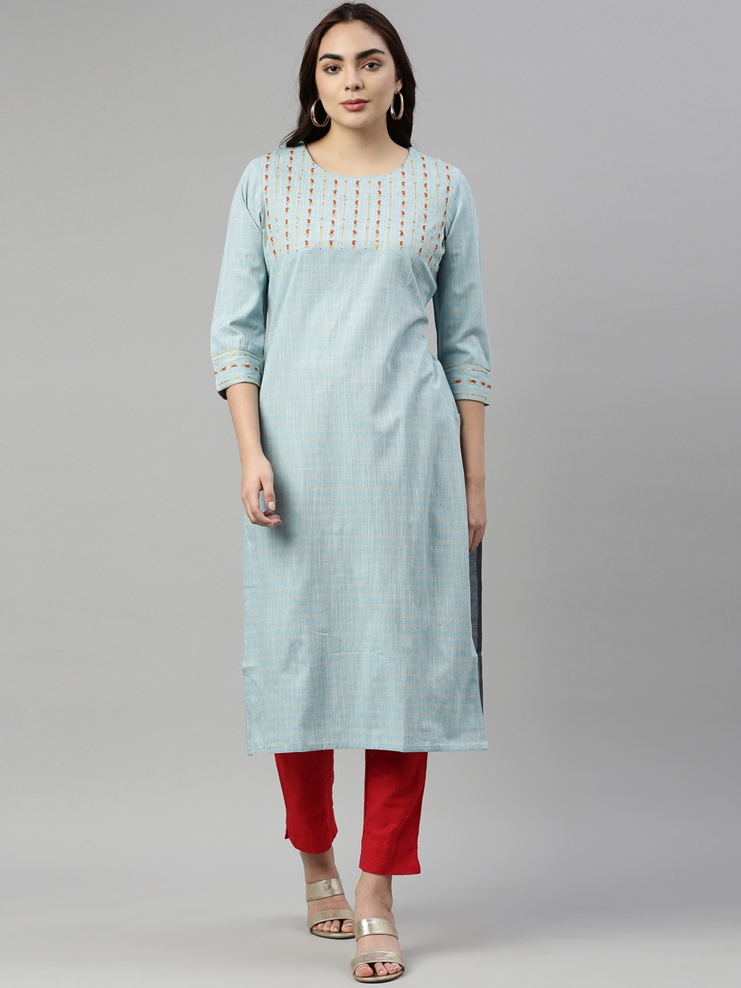 

Neerus Women Turquoise Blue Embroidered Thread Work Cotton Straight Kurta