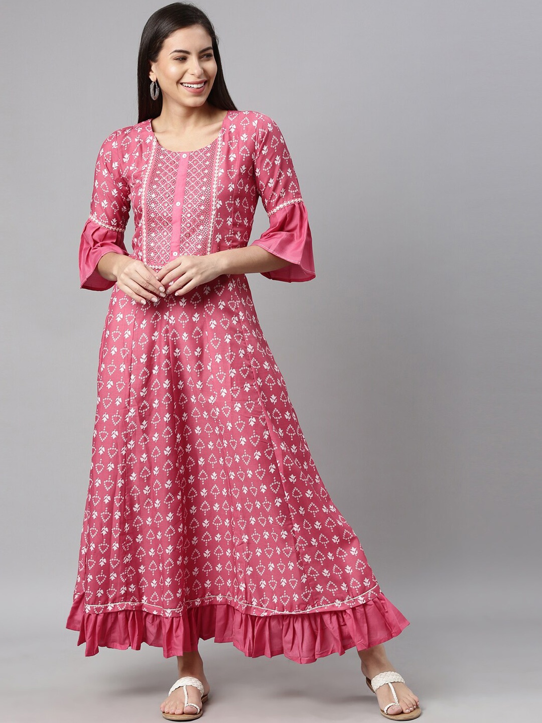 

Neerus Magenta Floral Ethnic A-Line Silk Maxi Dress