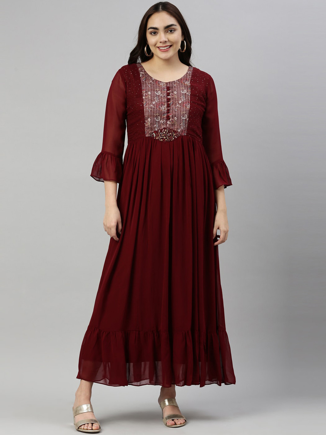 

Neerus Women Maroon Floral Yoke Design Bell Sleeves Georgette Anarkali Kurta