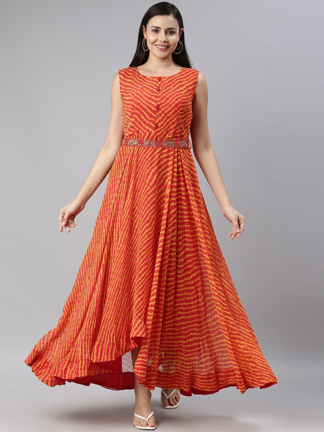 

Neerus Women Red Leheriya Striped Georgette Anarkali Kurta