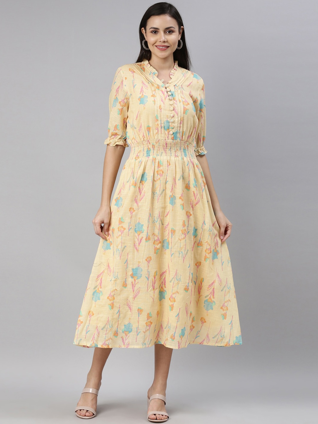 

Neerus Women Yellow Floral Printed Fit & Flare Midi Dress