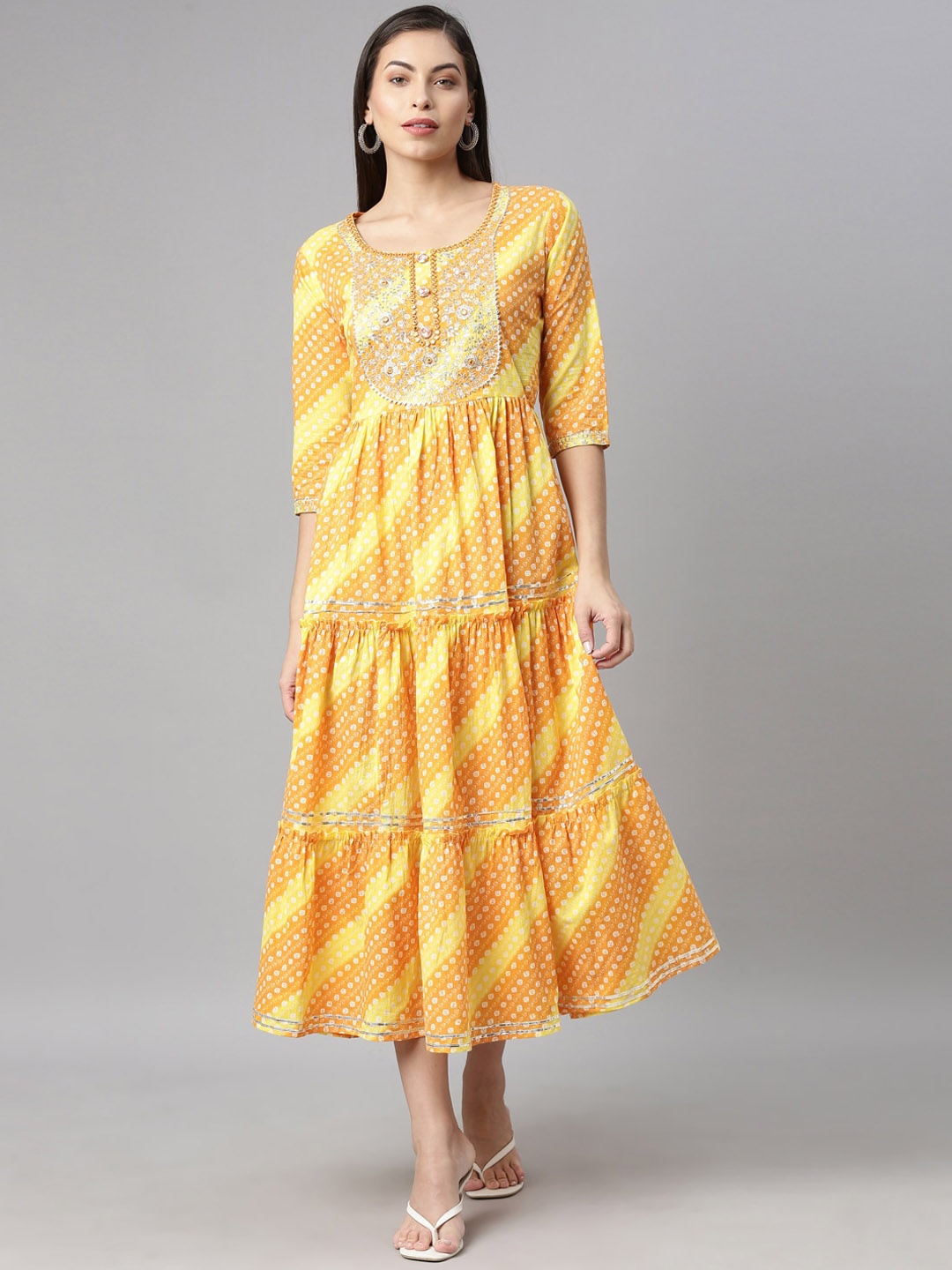 

Neerus Women Orange Geometric Printed Cotton Anarkali Kurta
