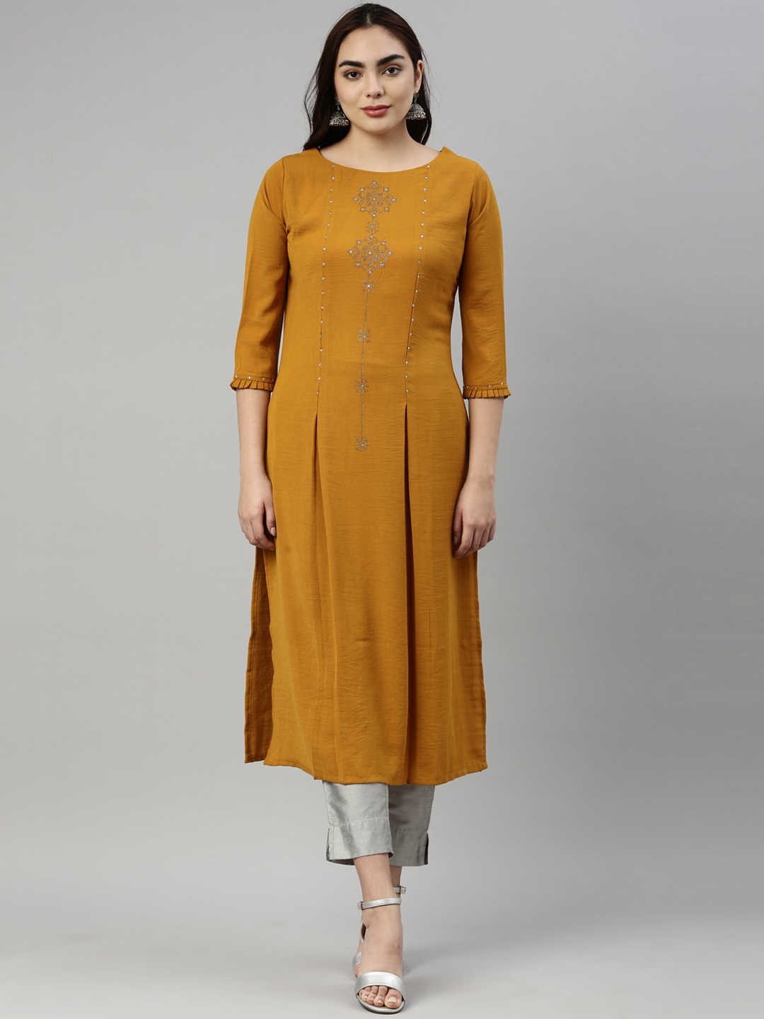 

Neerus Women Mustard Yellow Embellished Kurta