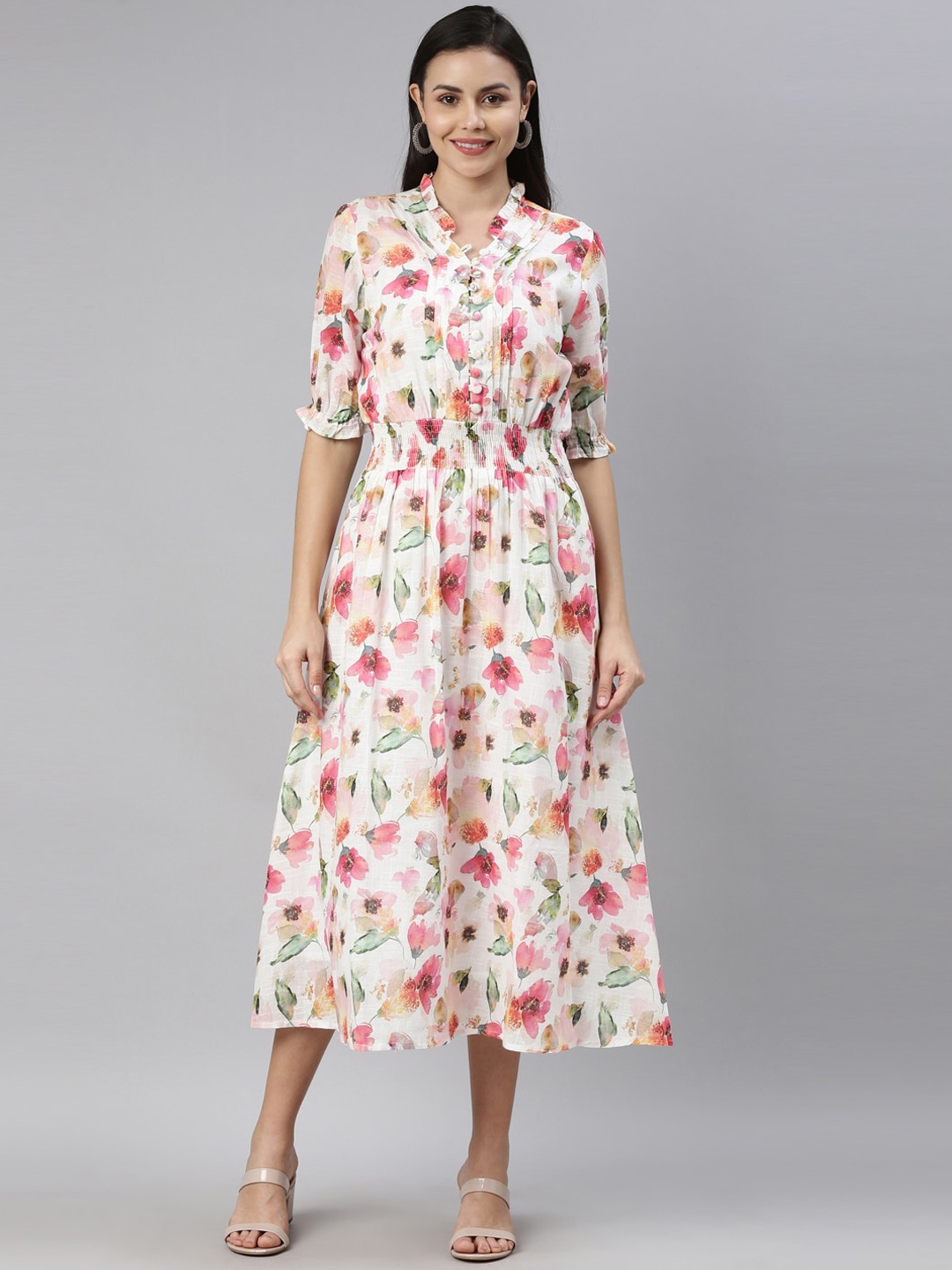 

Neerus White & Pink Floral Ethnic Cotton Midi Dress