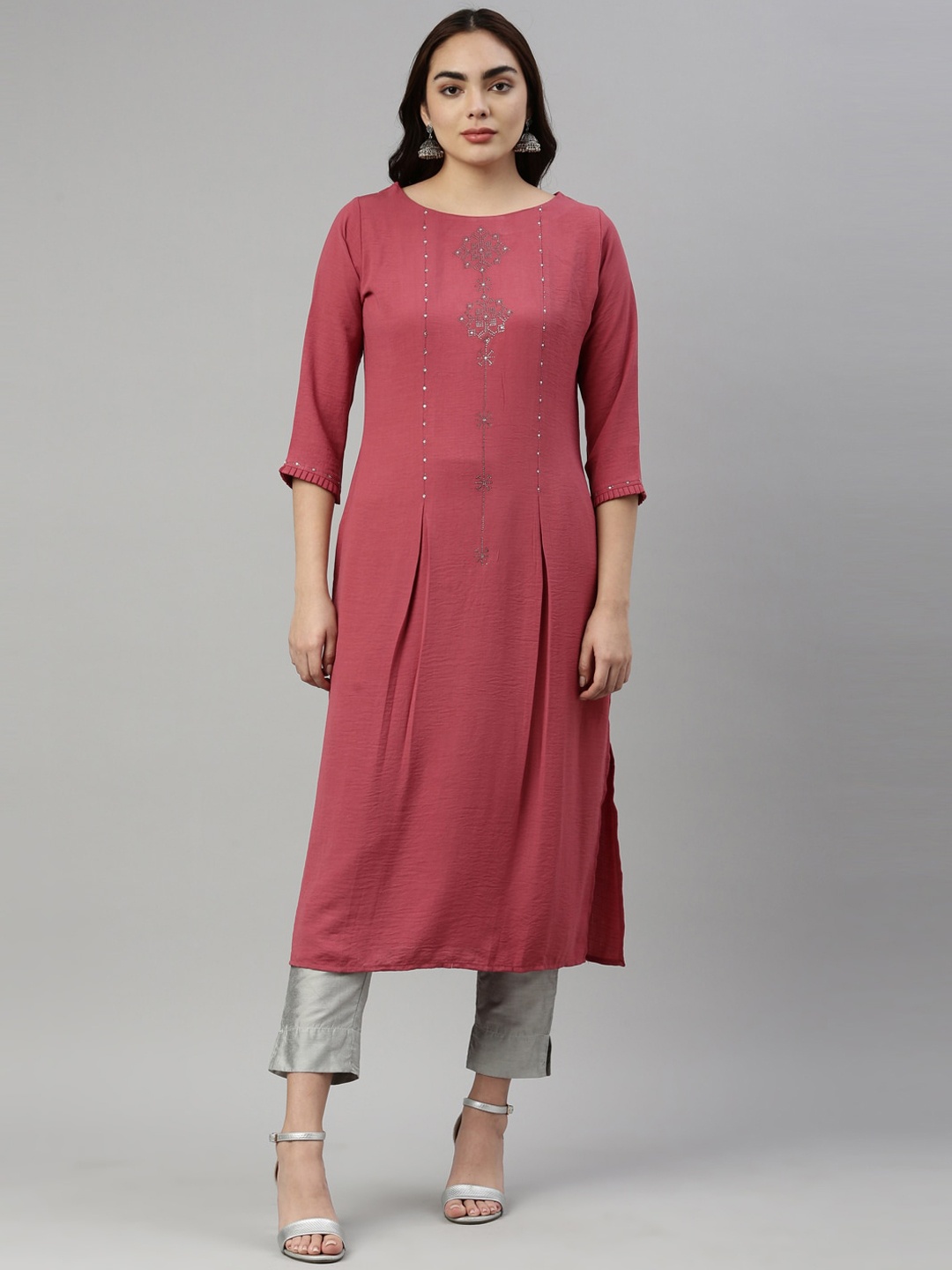 

Neerus Women Pink Solid Embellished Straight Kurta