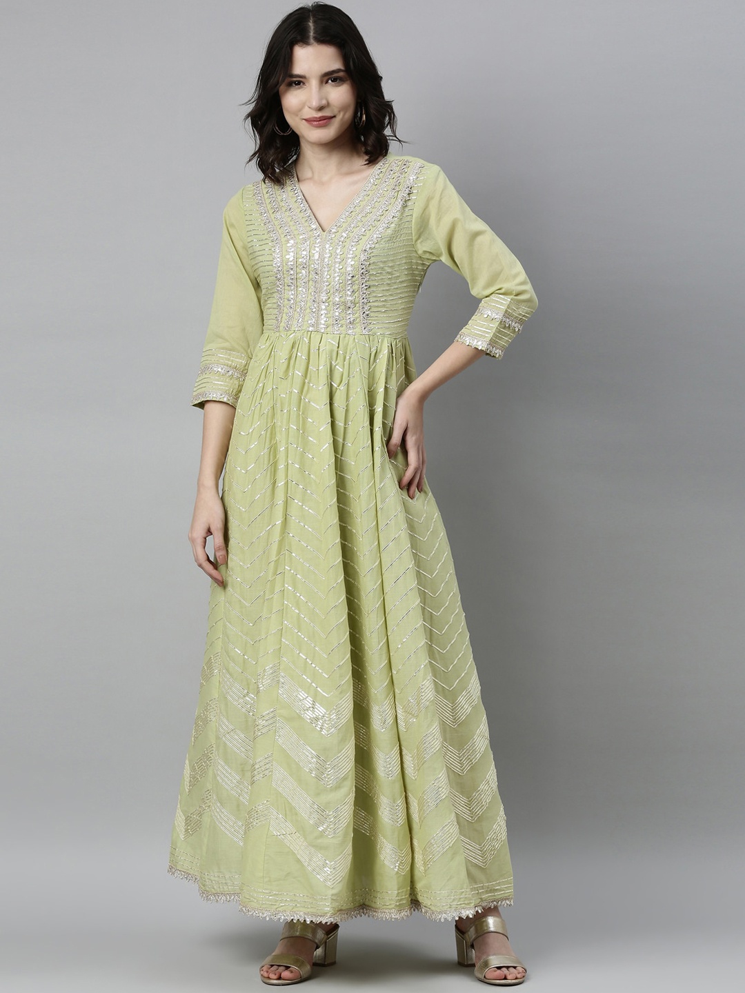 

Neerus Olive Green Floral Embroidered Ethnic Cotton Maxi Dress