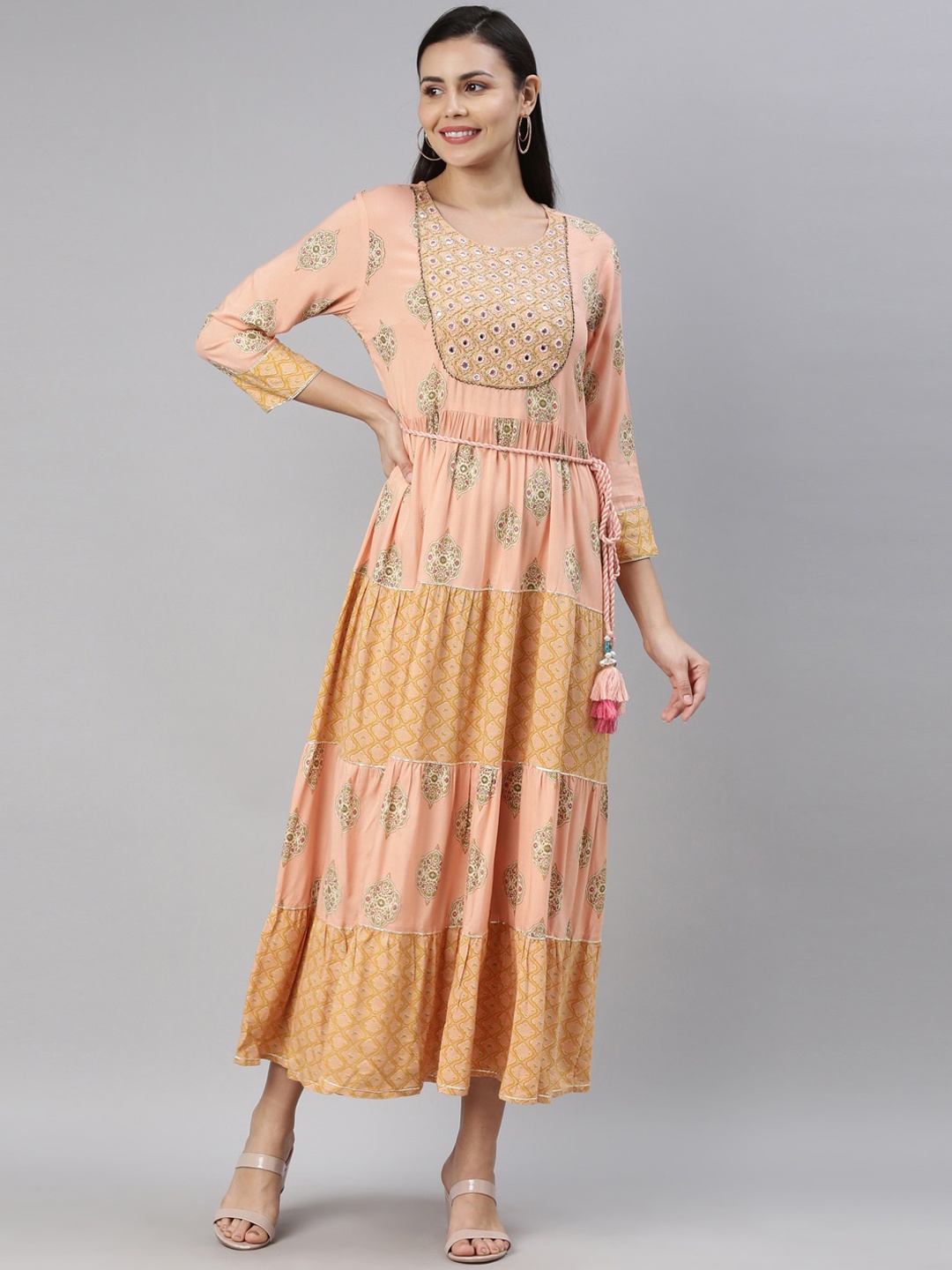 

Neerus Women Peach-Coloured Floral Printed Fit & Flare Midi Dress