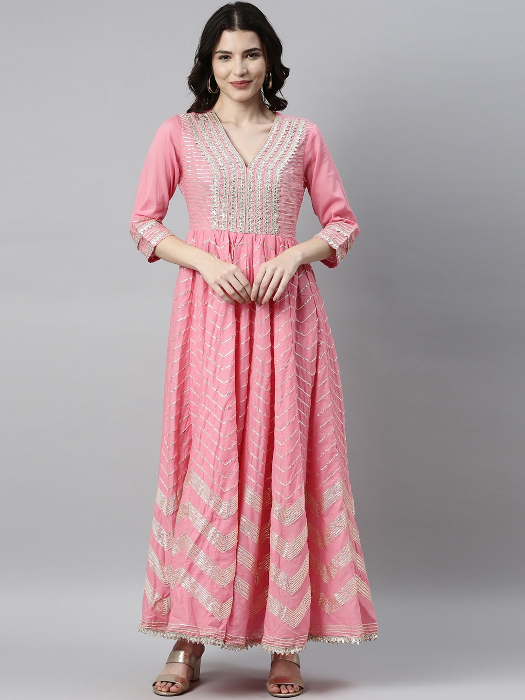 

Neerus Pink Floral Embroidered Ethnic Cotton Maxi Dress