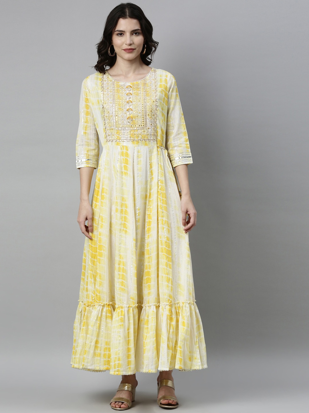 

Neerus Women Yellow & White Dyed Thread Work Satin Anarkali Kurta