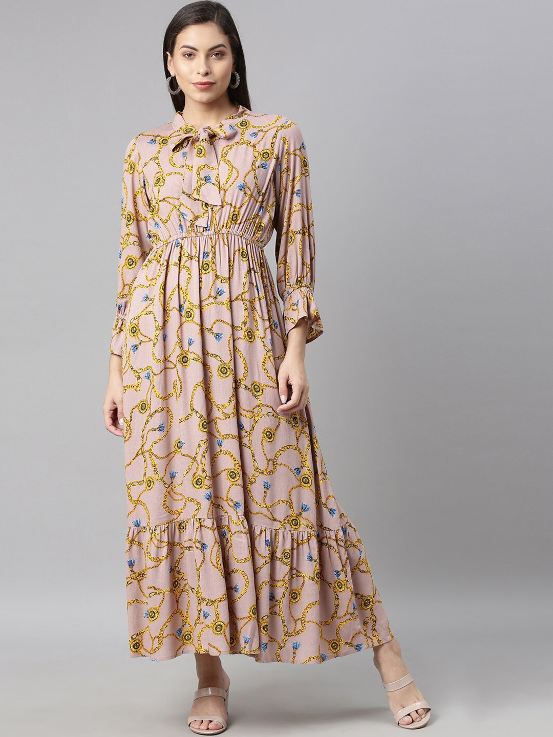 

Neerus Beige Floral Off-Shoulder Ethnic Maxi Dress