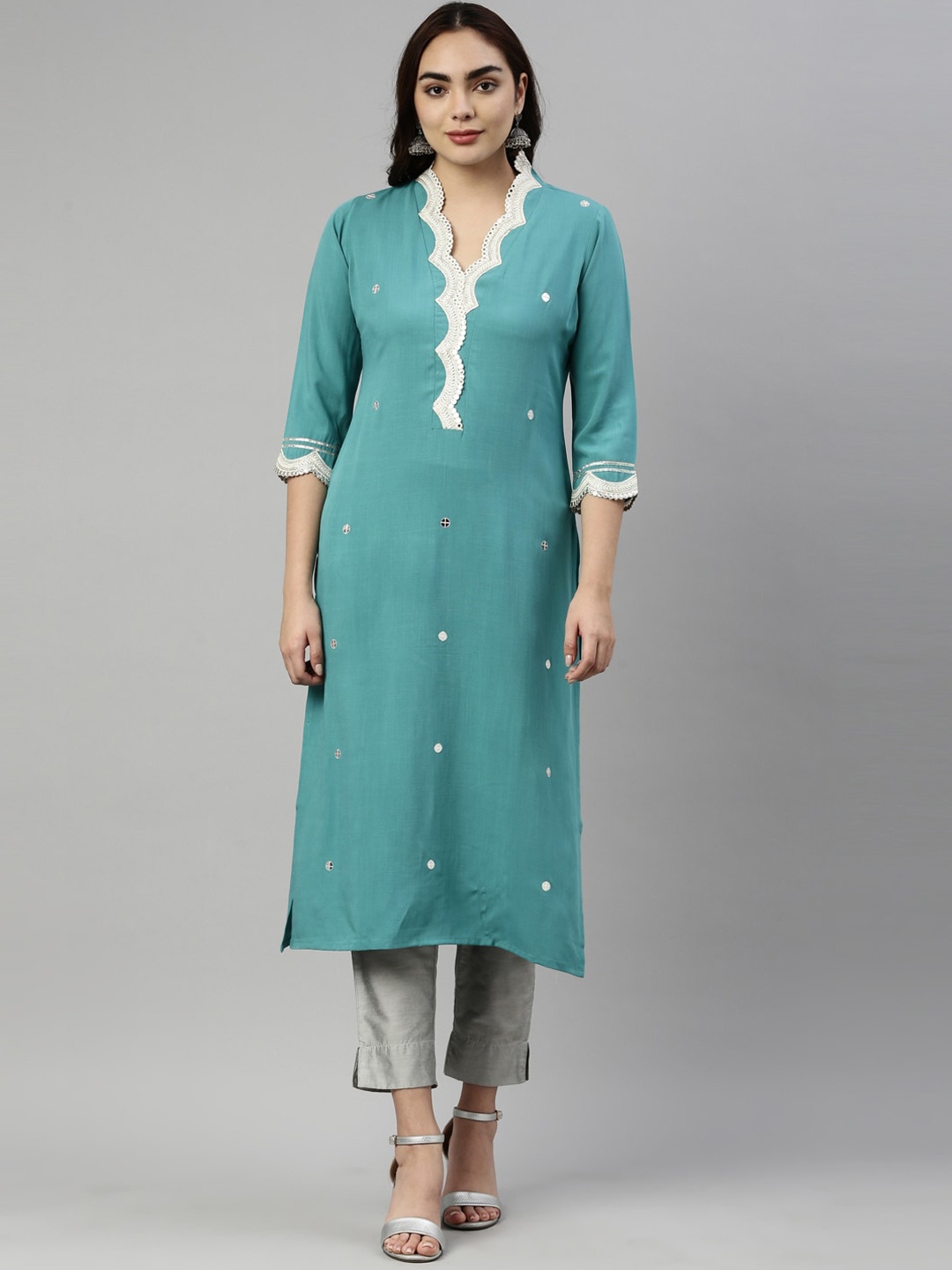 

Neerus Women Turquoise Blue Embroidered Kurta