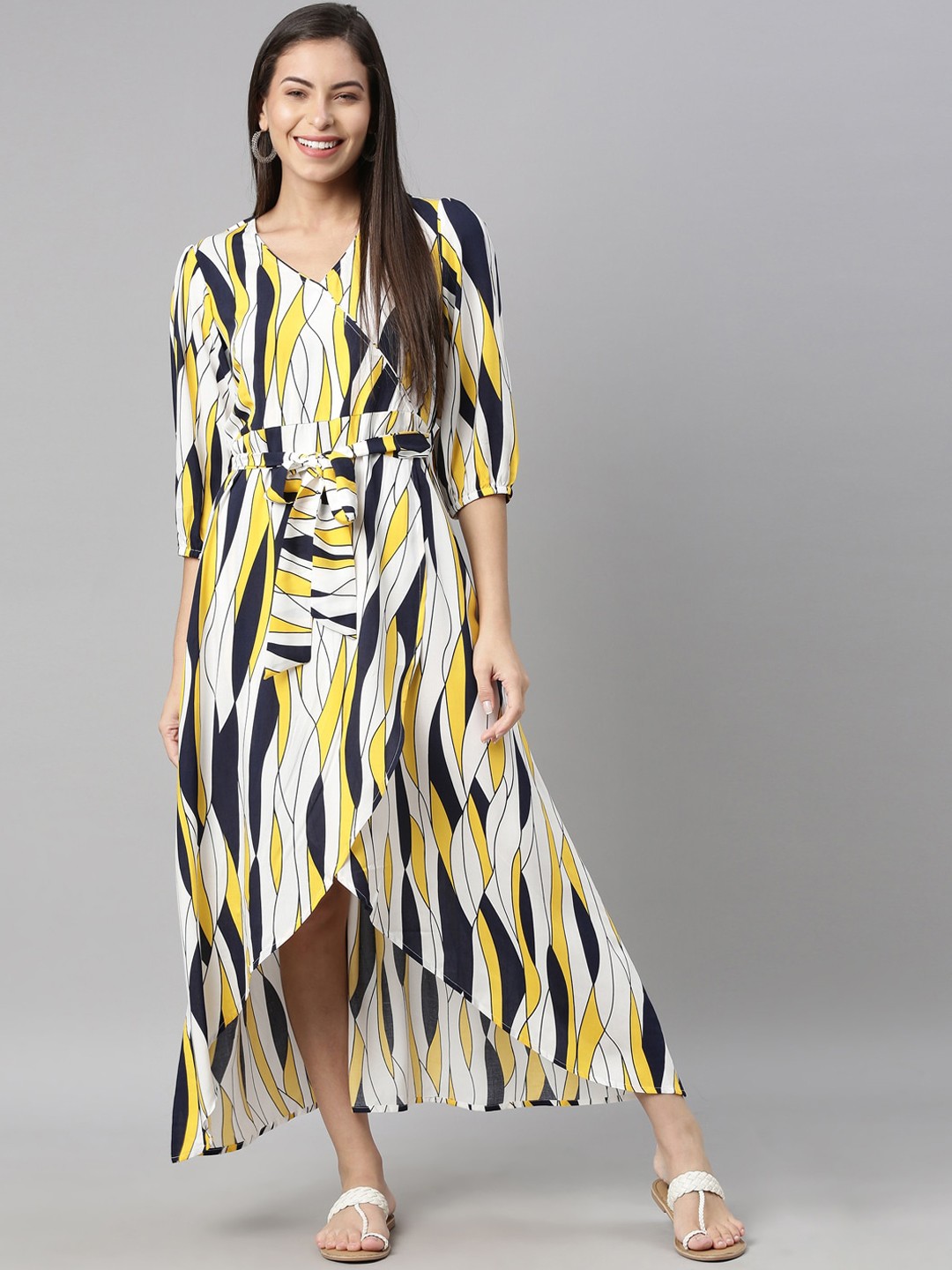 

Neerus Yellow & White Printed Maxi Wrap Dress