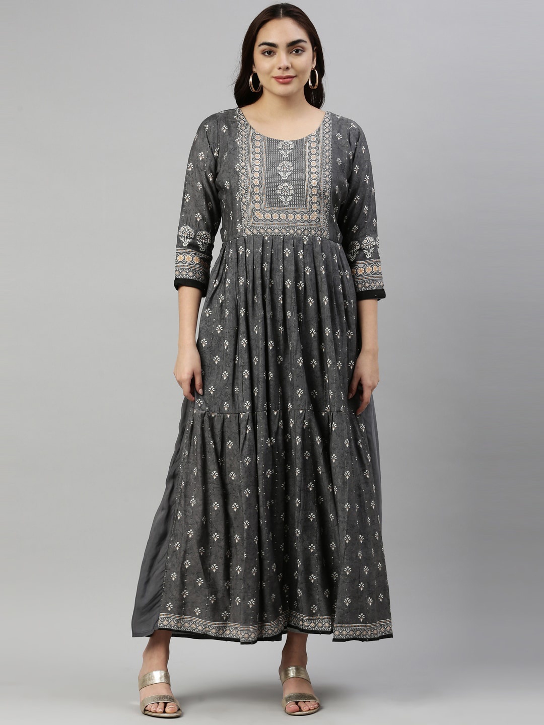 

Neerus Grey Ethnic Modal Maxi Dress