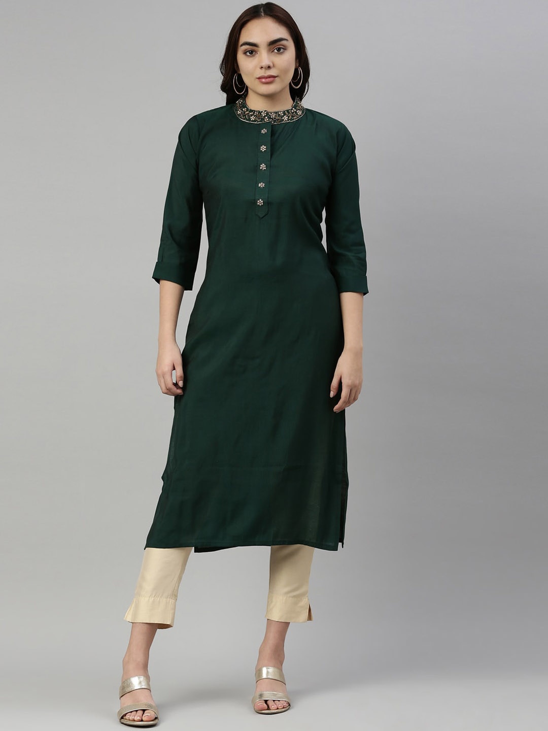 

Neerus Women Teal Green Solid Silk Kurta