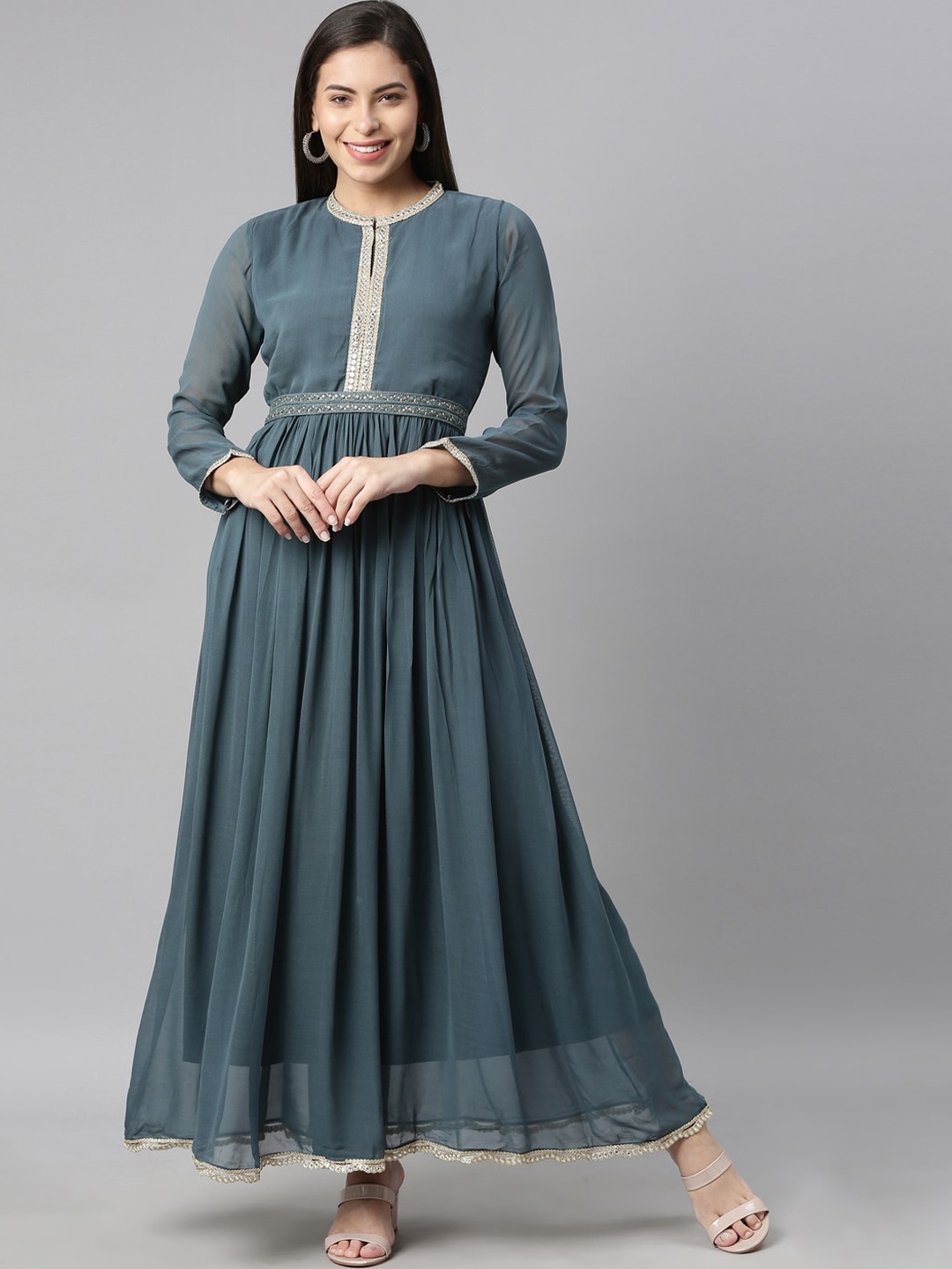

Neerus Women Grey Thread Work Georgette Anarkali Kurta