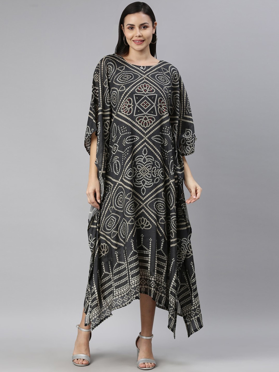 

Neerus Olive Green & White Kaftan Maxi Dress