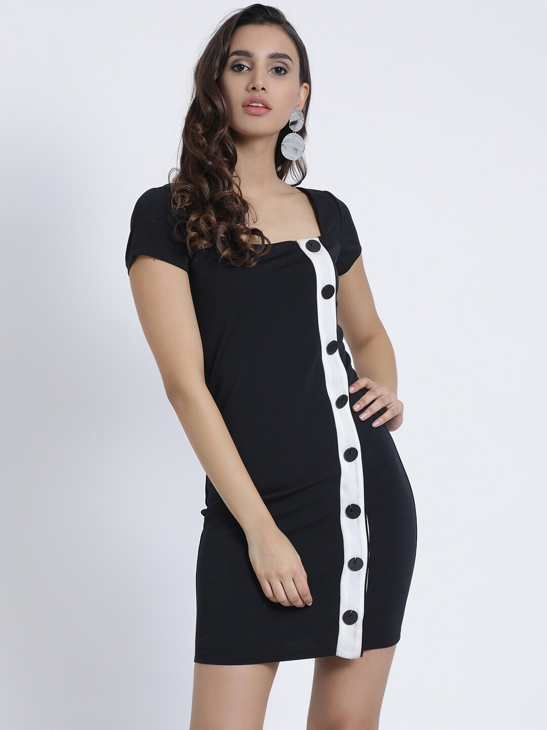 

Kazo Navy Blue & White Sheath Front Tie-Up Mini Dress