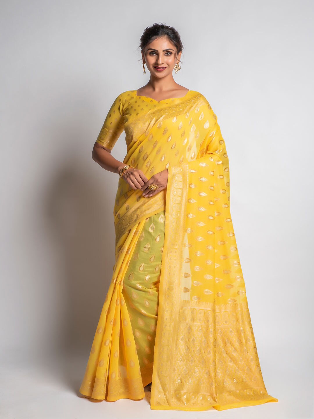 

Lilots Yellow & Gold-Toned Woven Design Cotton Blend Saree