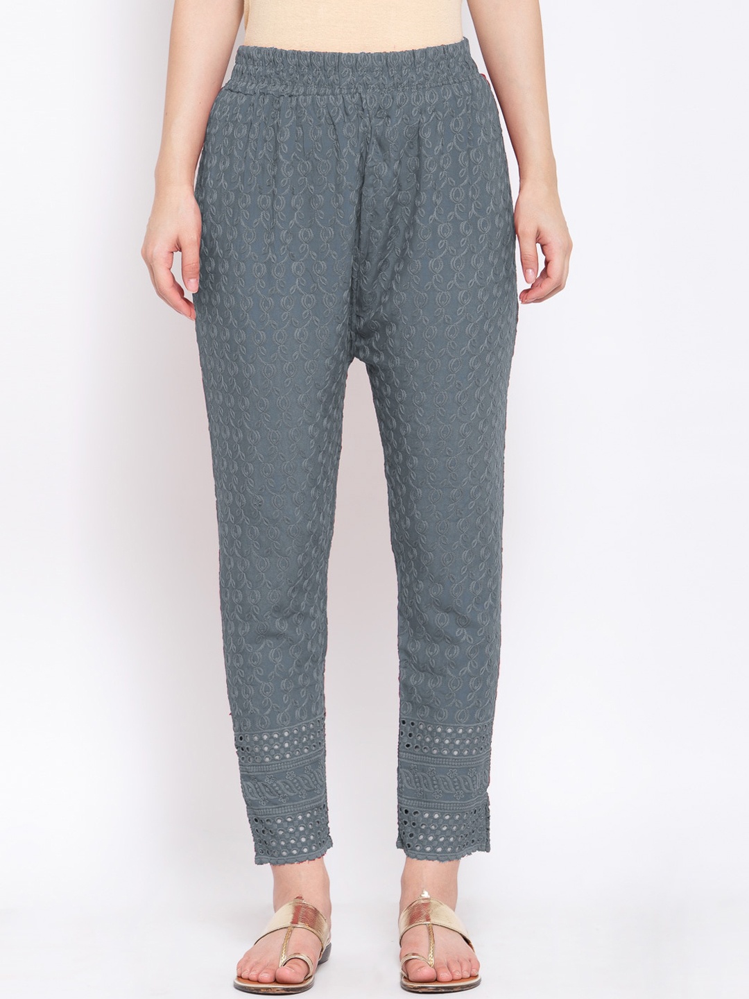 

KLOTTHE Women Grey Floral Embroidered Wrinkle Free Pleated Cotton Trousers