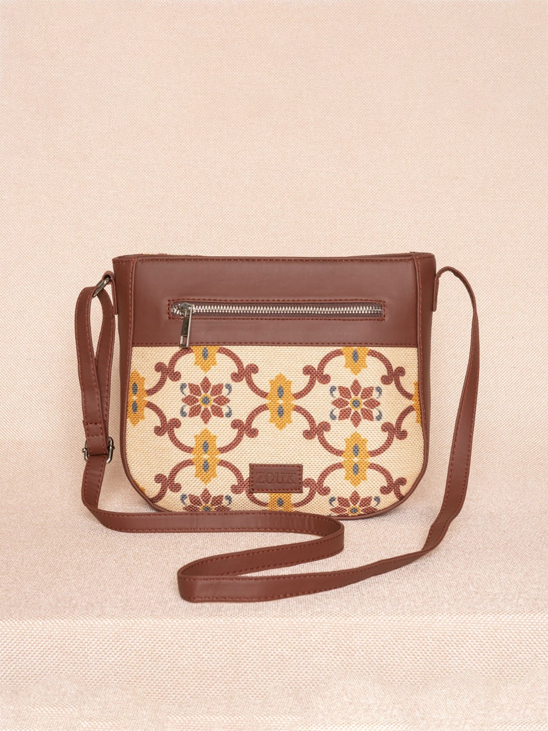 

ZOUK Tan Floral Structured Sling Bag with Applique