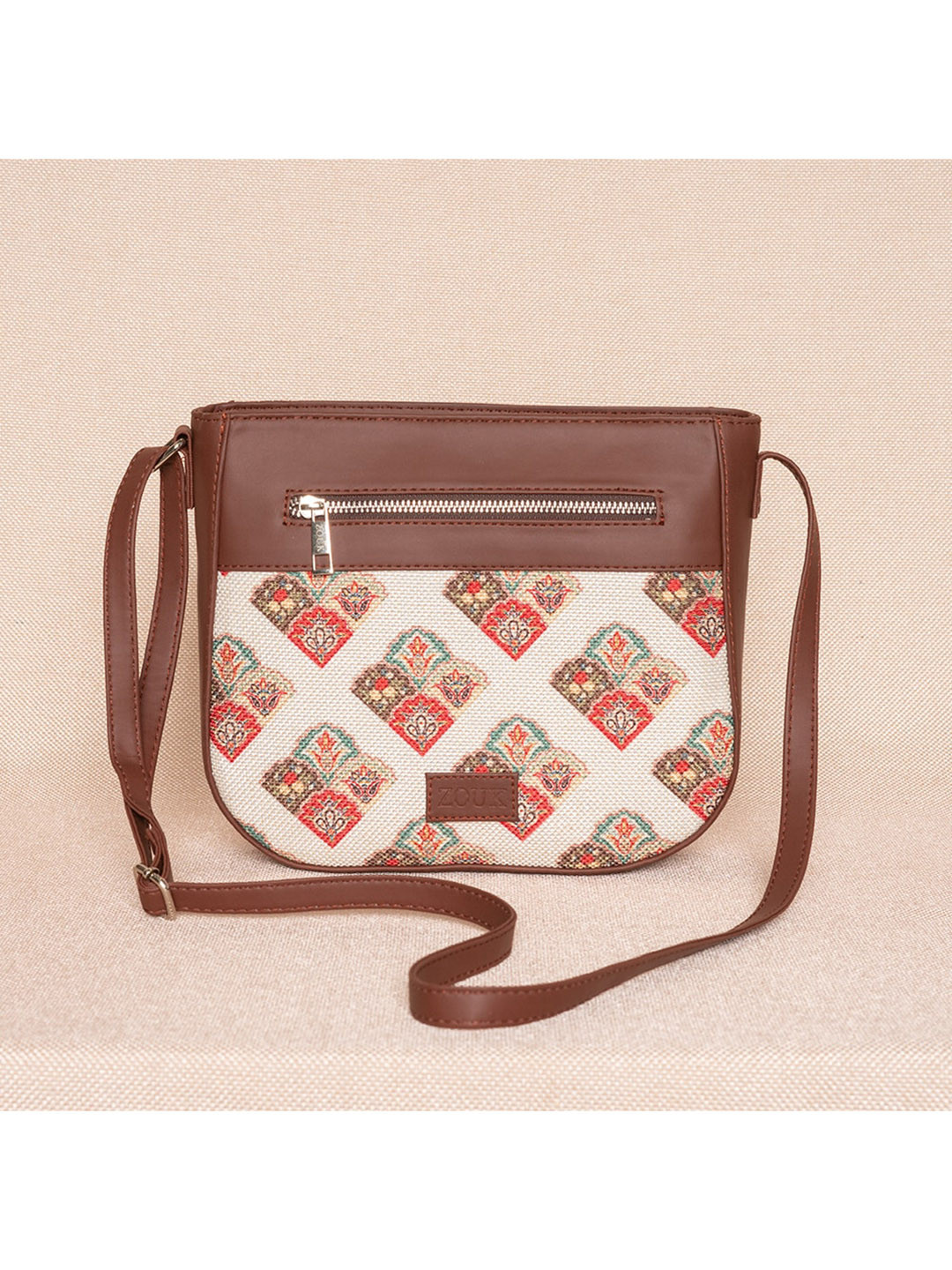 

ZOUK White Ethnic Motifs Leather Structured Sling Bag