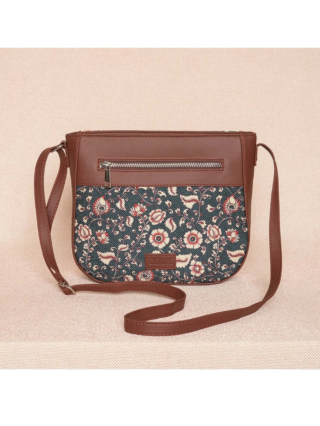 

ZOUK Women Blue & Brown Floral Printed Structured Sling Bag