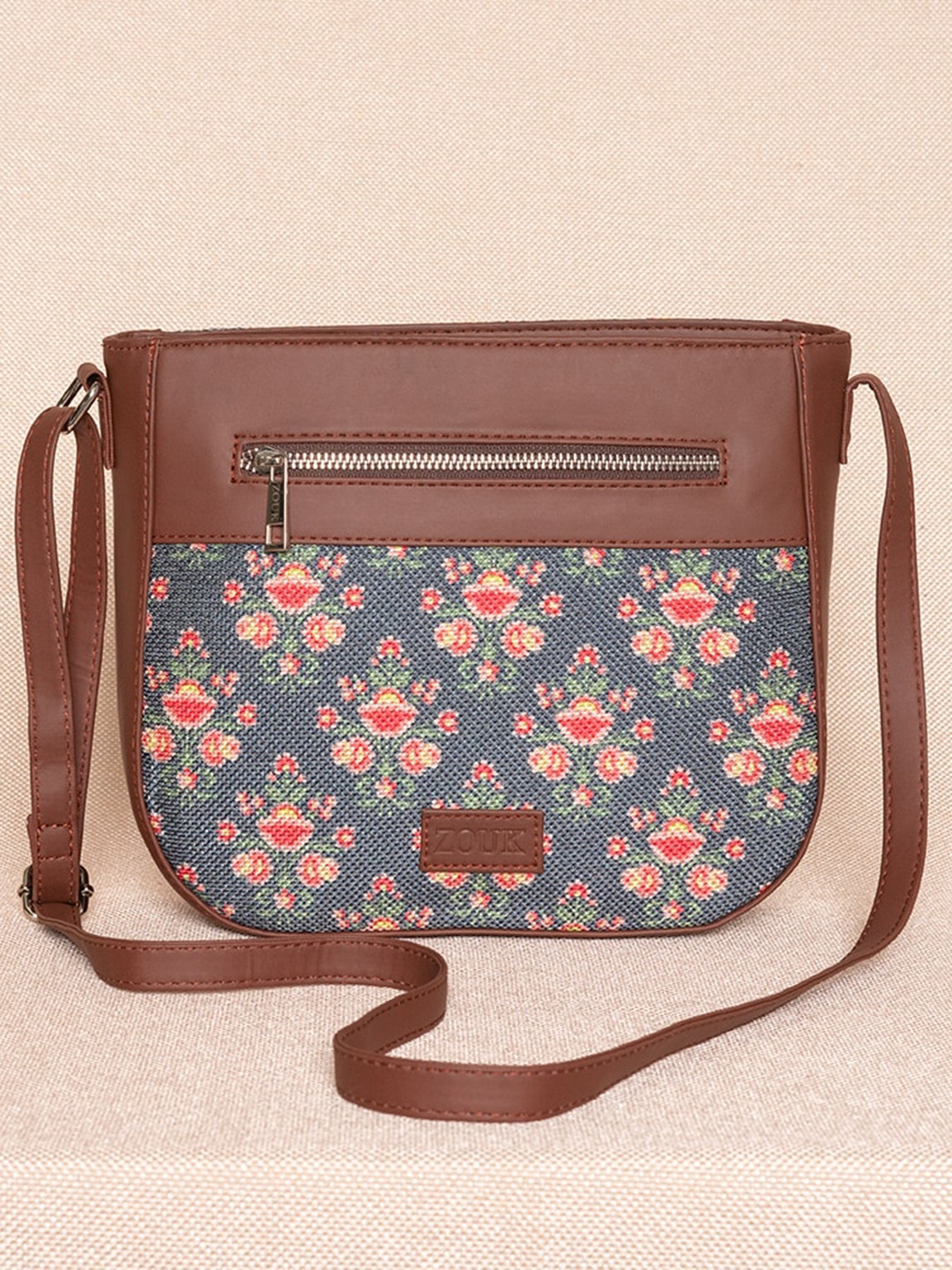 

ZOUK Navy Blue & Brown Ethnic Motifs Printed Structured Sling Bag