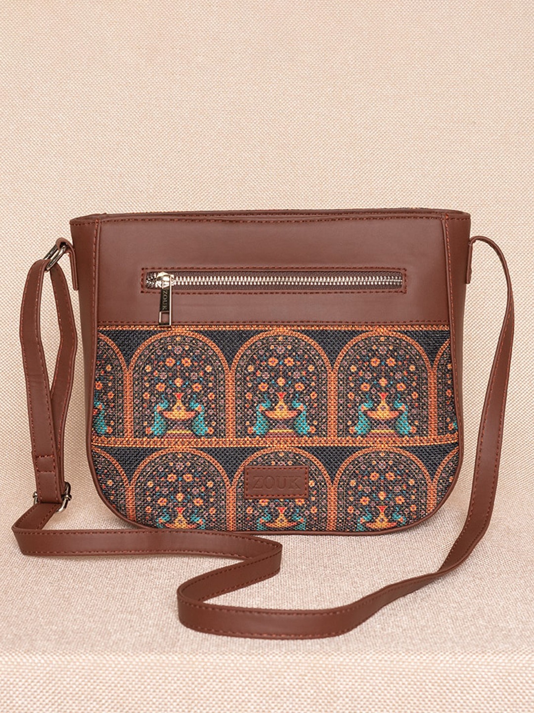 

ZOUK Brown & Yellow Ethnic Motifs Printed Structured Sling Bag