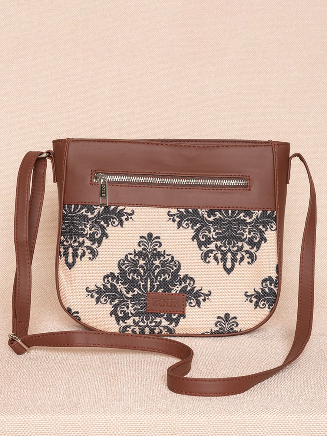 

ZOUK Peach-Coloured Floral Printed Structured Sling Bag