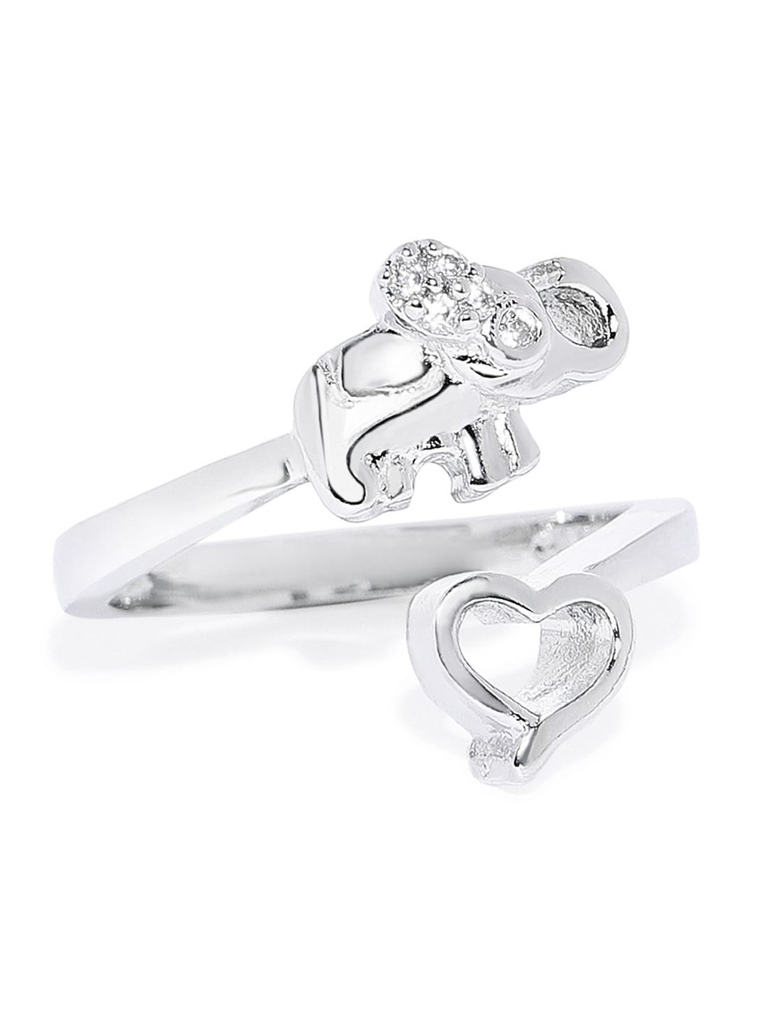 

Mahi Rhodium-Plated Silver-Toned White Crystal Heart Shaped Adjustable Finger Ring