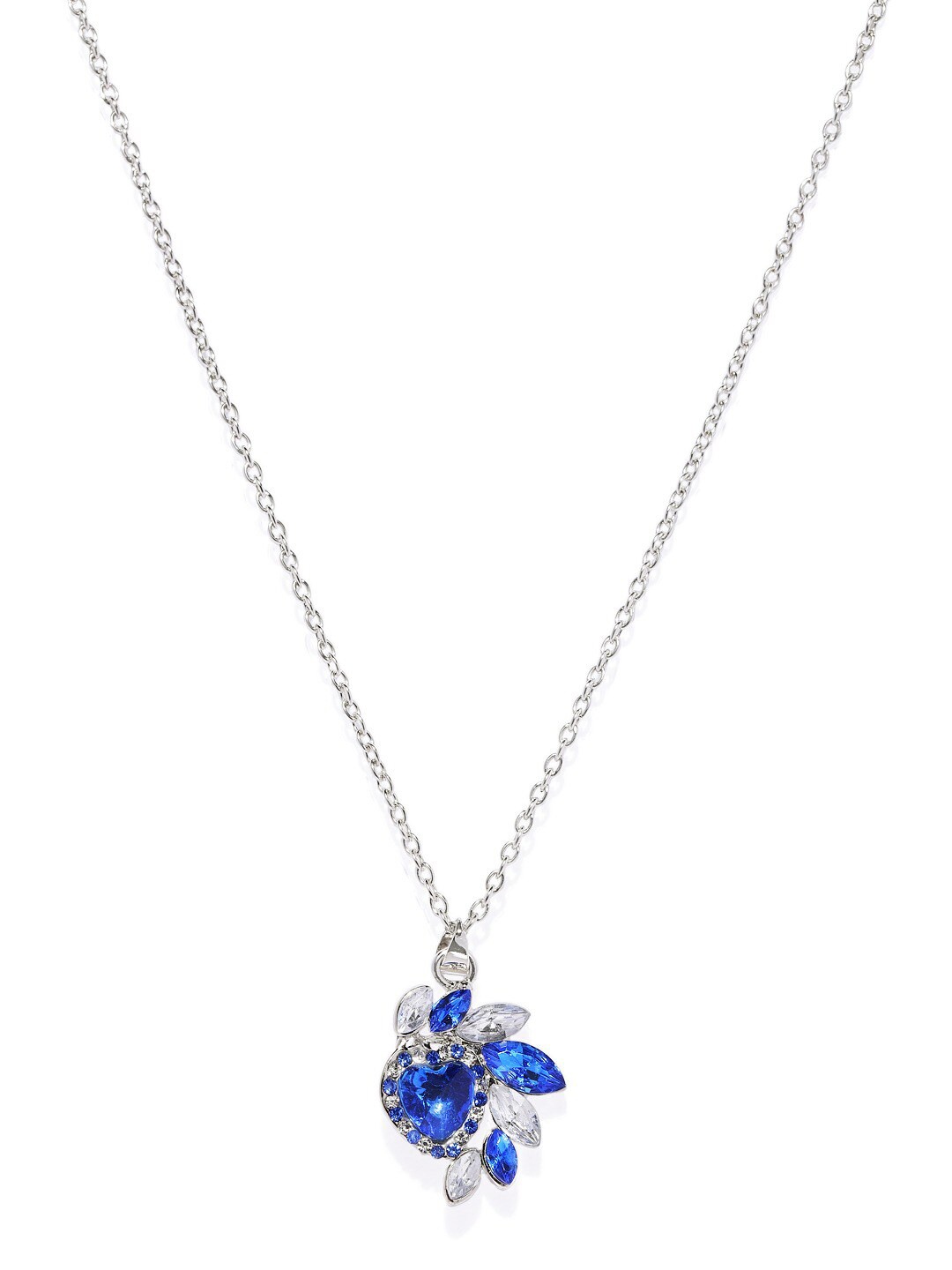 

Mahi Blue & Silver Toned Rhodium-Plated Gleaming Solitaire Crystals Heart Pendant