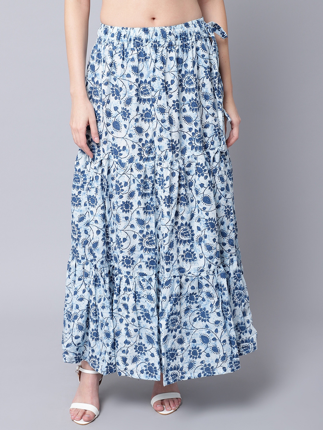 

TAG 7 Women White & Blue Printed Cotton Tiered Maxi Skirt