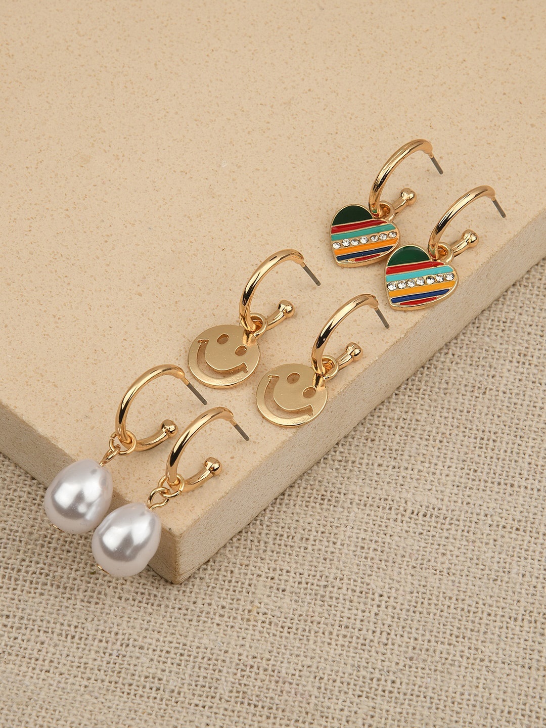 

Accessorize London Set of 3 Smiley Rainbow Half Hoop Earrings, Gold