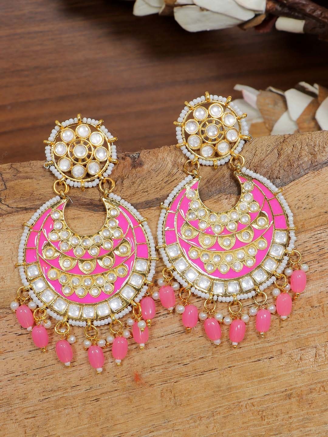 

Crunchy Fashion Gold-Plated Pink & White Meenakari Kundan Chandbalis Earrings