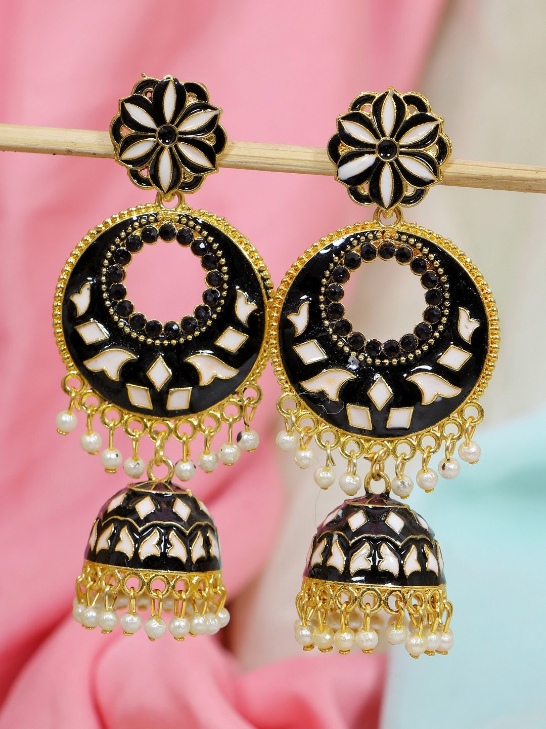 

Crunchy Fashion Gold-Plated Black & White Meenakari Jhumkas Earrings