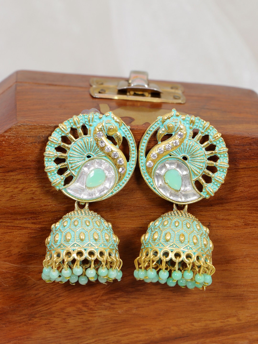 

Crunchy Fashion Green Gold-Plated Contemporary Jhumkas Earrings