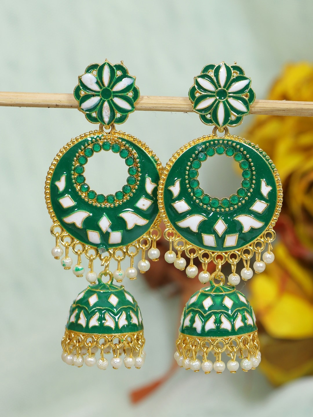 

Crunchy Fashion Gold-Plated Green & White Meenakari Jhumkas Earrings