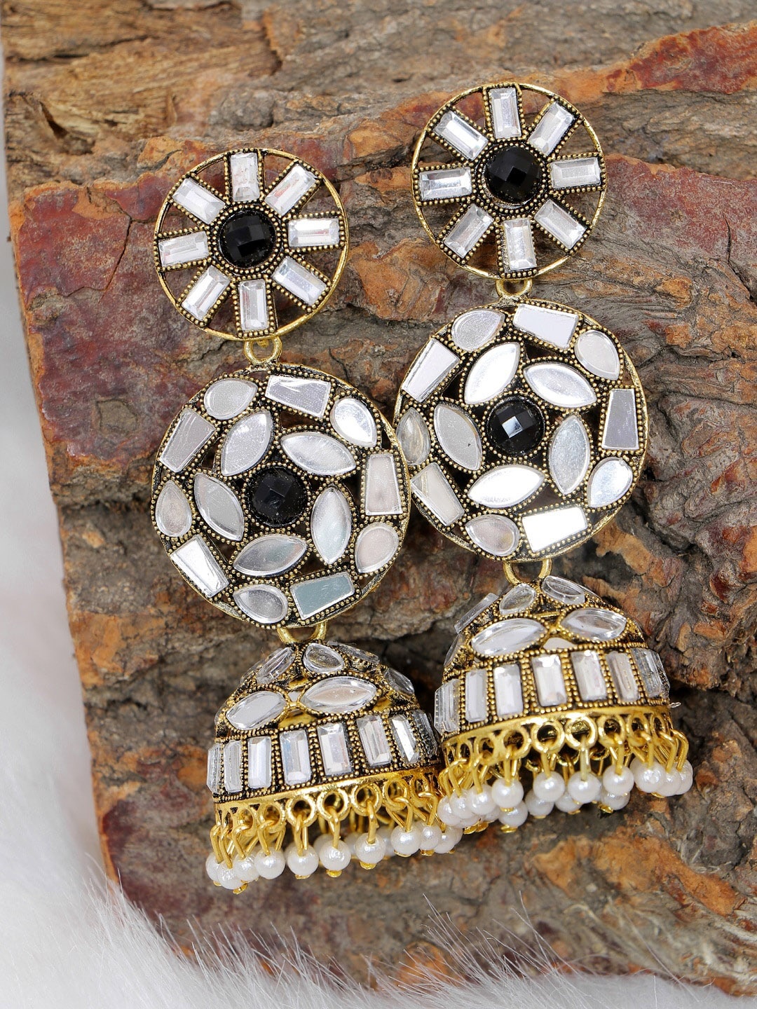 

Crunchy Fashion Black & White Gold-Plated Contemporary Jhumkas Earrings