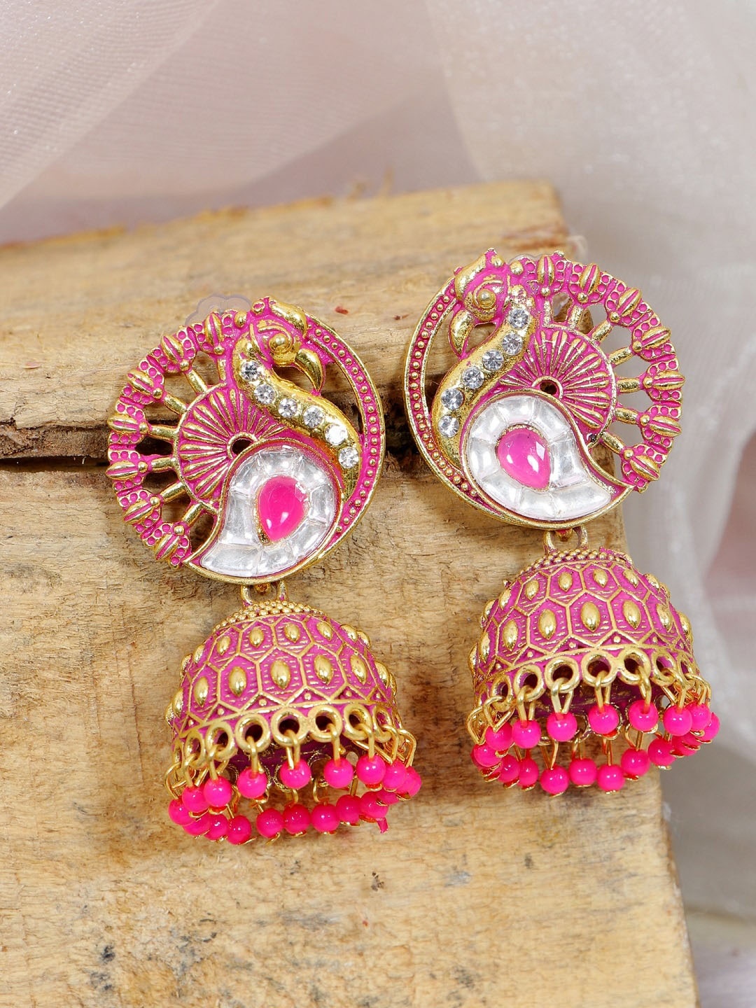 

Crunchy Fashion Pink Gold-Plated Contemporary Jhumkas Earrings