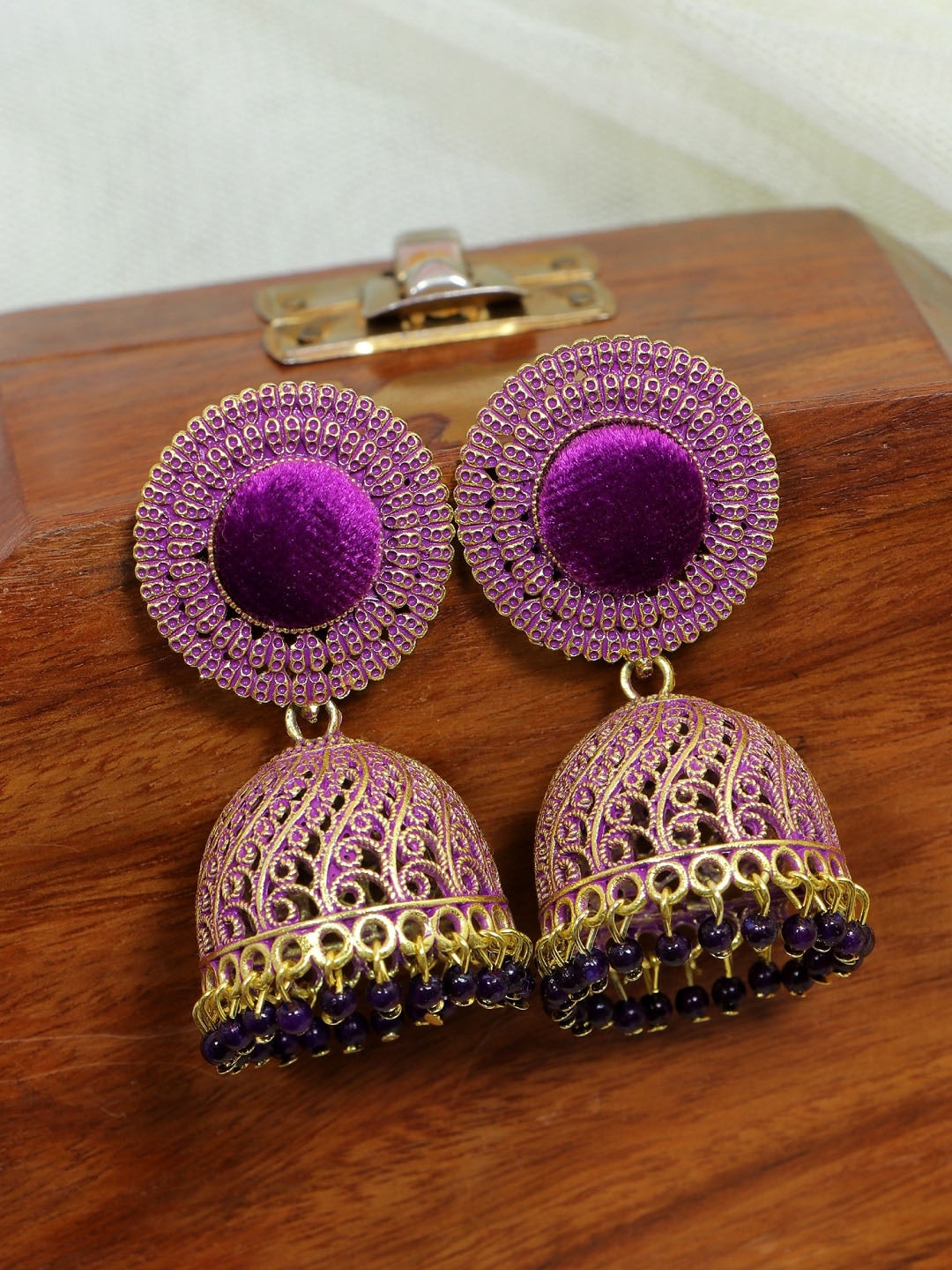 

Crunchy Fashion Gold-Plated Purple Dome Shaped Velvet Enamelled Jhumkas Earrings