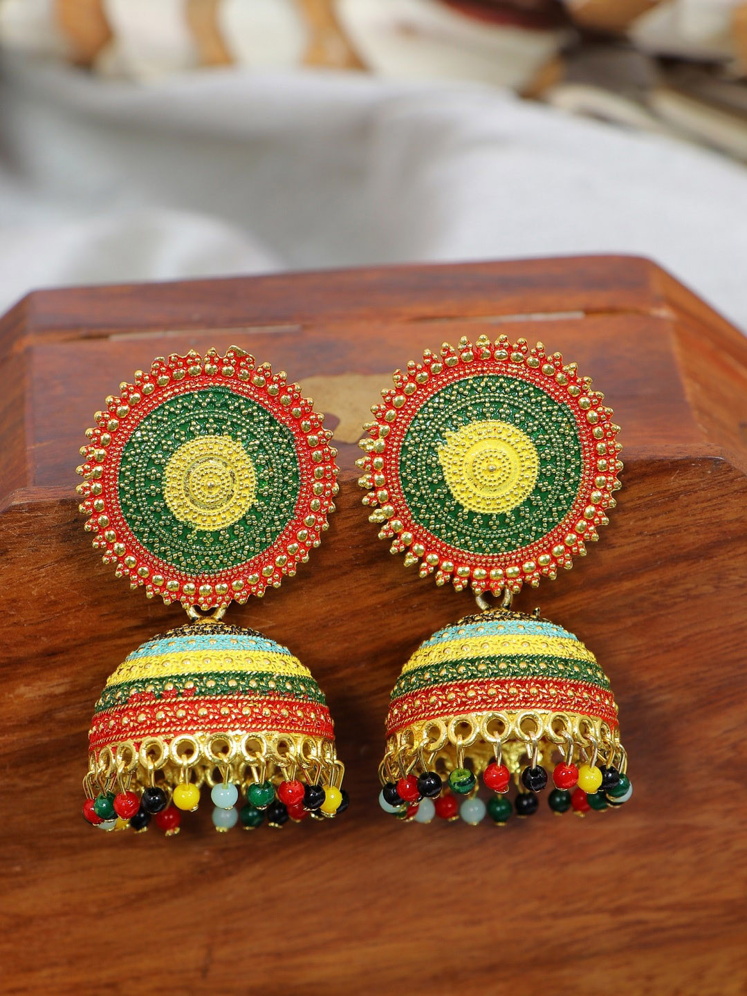 

Crunchy Fashion Green & Yellow Gold-Plated Contemporary Jhumkas Earrings