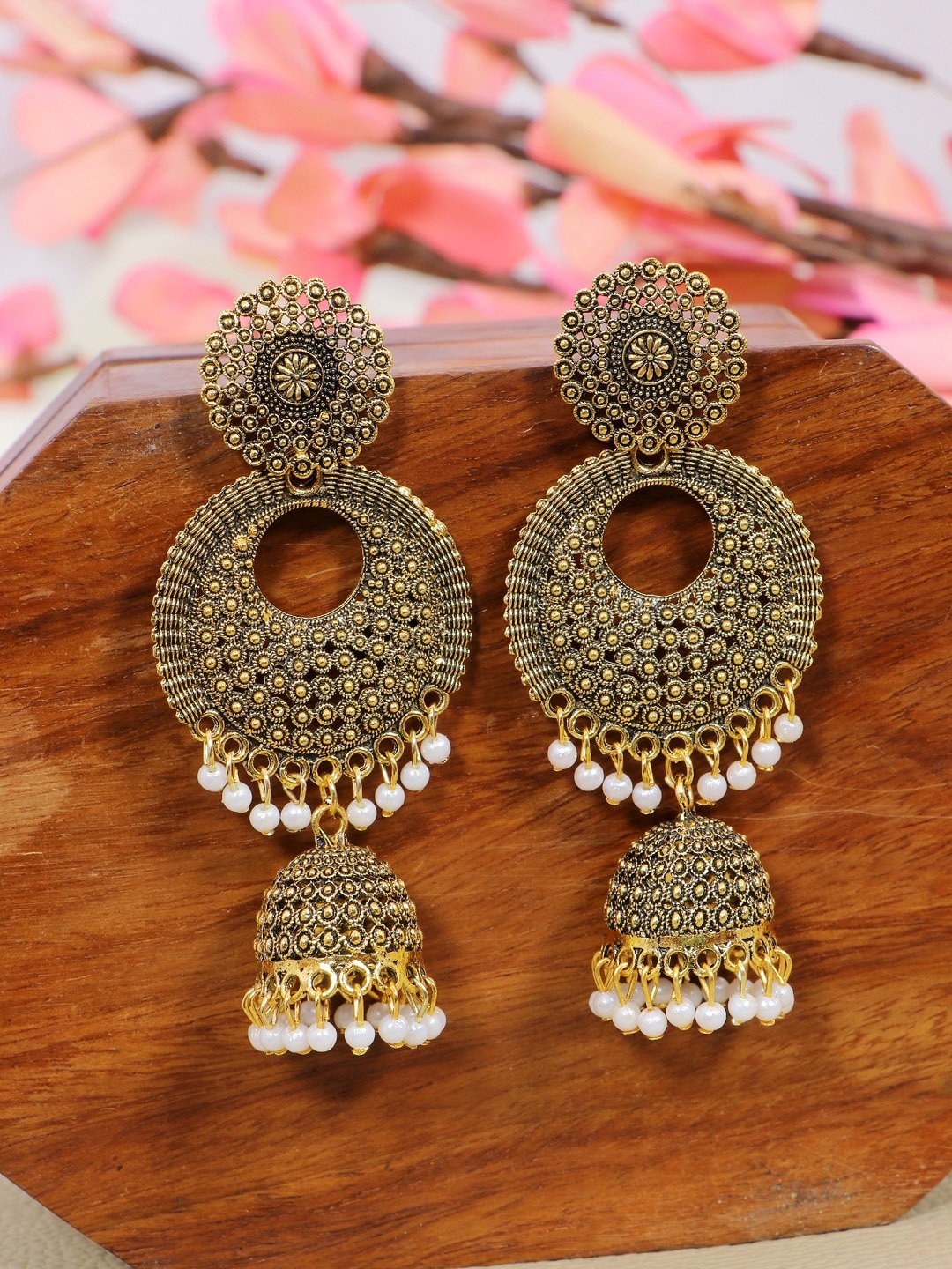 

Crunchy Fashion Gold-Plated White Classic Antique Jhumkas Earrings