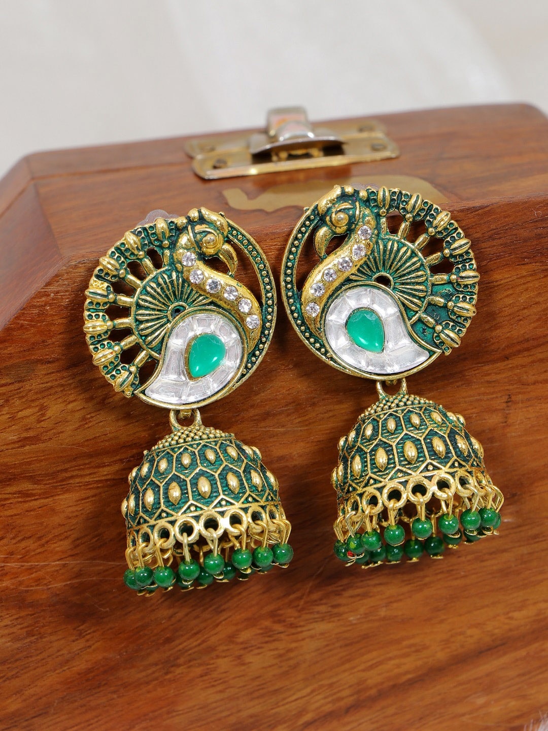 

Crunchy Fashion Green & White Peacock Shaped Antique Jhumkas Earrings, Gold