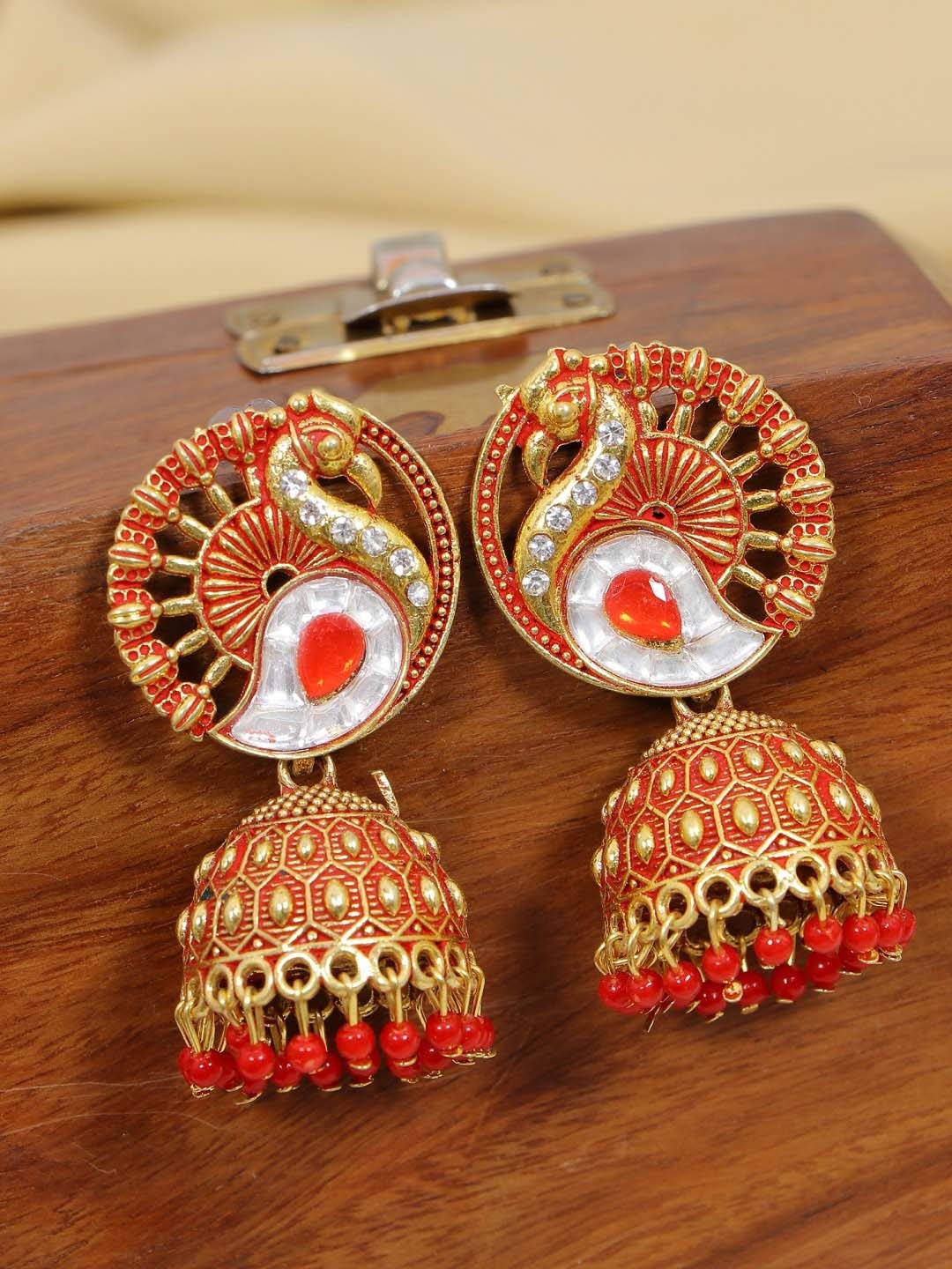 

Crunchy Fashion Red Gold-Plated Contemporary Jhumkas Earrings