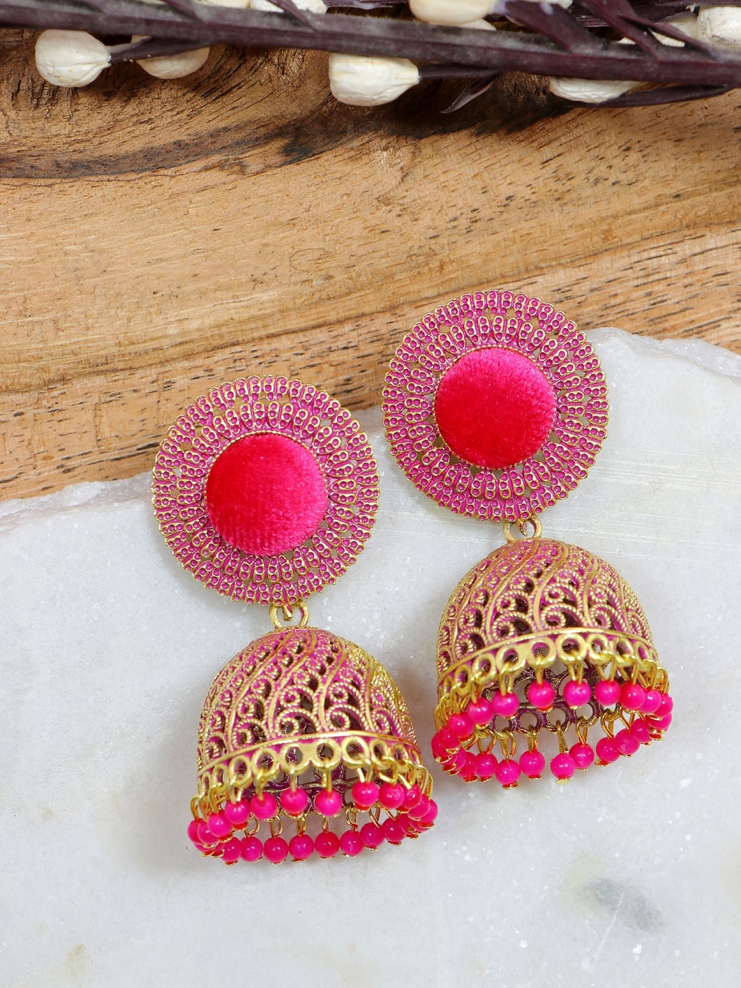 

Crunchy Fashion Gold-Plated Pink Dome Shaped Velvet Enamelled Jhumkas Earrings
