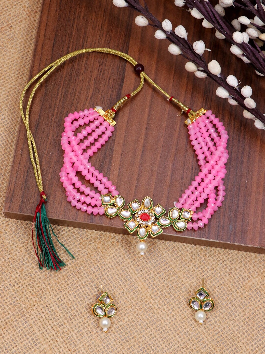 

Crunchy Fashion Gold-Plated Pink & White Stone Studded & Beaded Enamelled Jewellery Set