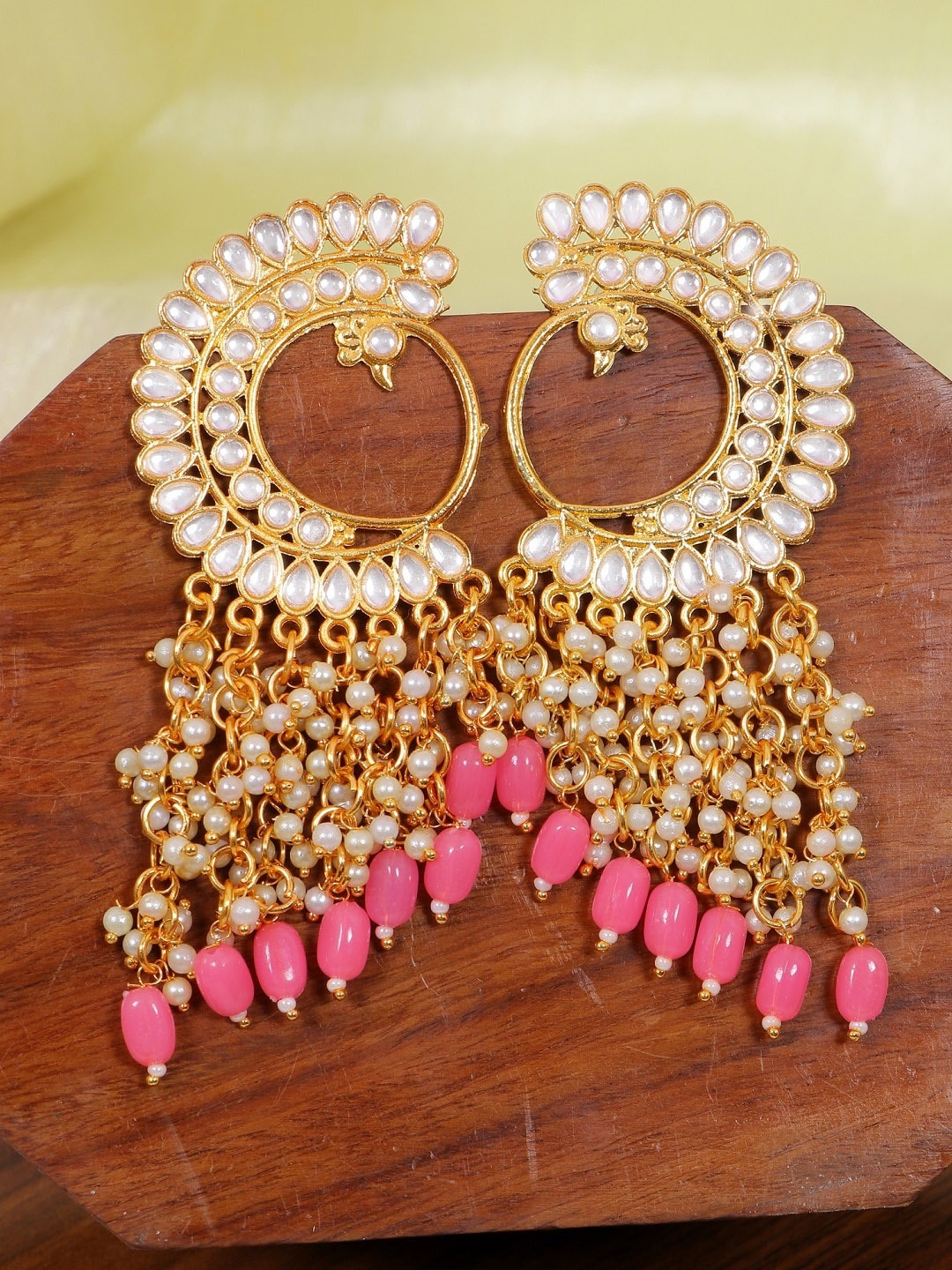 

Crunchy Fashion Gold-Plated Pink & White Kundan Contemporary Drop Earrings